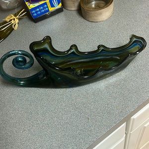 Vintage Hand Made Swirl Art Glass Sleigh Dish Cornucopia 13" Blue Green